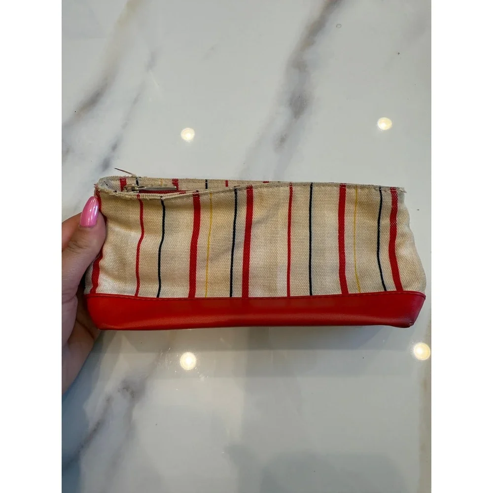 Elizabeth Arden Striped Canvas Cosmetic Bag Red Cream Makeup Pouch‎